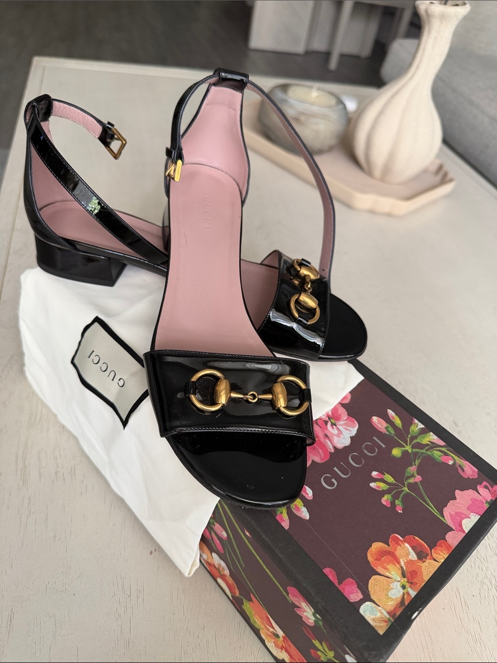 Gucci Black Patent Leather Horsebit Sandals Size 7.5